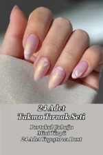 24 Adet Kısa Badem Pembe Renk Çiçek Desenli Takma Tırnak Seti W1561 - Görsel 4