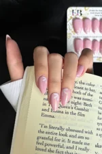 24 Adet Kısa Badem Pembe Renk Çiçek Desenli Takma Tırnak Seti W1561 - Görsel 5