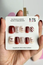 24 Adet Yılbaşı Desenli Kırmızı Kısa Takma Tırnak Seti  R618 - Görsel 5