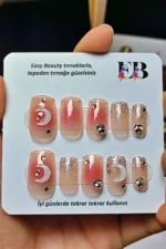 24 Adet Küt Takma Tırnak Seti Orta Uzun Taşlı Desenli Tırnak Yapıştırıcı Seti Hediyeli Z488 - Görsel 4