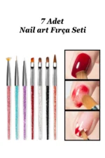 7 Adet Nail Art Protez Tırnak Fırça Seti. Kıl Fırça, French Fırça ve Jel Fırçası