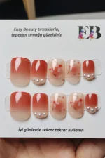 24 Adet Kısa Takma Tırnak Seti Küt Çiçek Desenli Ve Taşlı  Z279 - Görsel 6