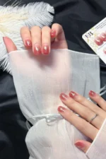 Ombre Kısa Küt 24 Adet Takma Tırnak Seti Kalp Simli Tırnak R744 - Görsel 8