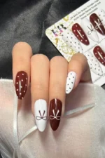 Badem Tırnak 24 Adet Takma Tırnak Seti Beyaz ve Bordo Fiyonklu Orta Uzunlukta W1812 - Görsel 4