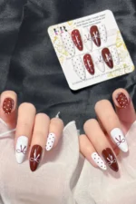 Badem Tırnak 24 Adet Takma Tırnak Seti Beyaz ve Bordo Fiyonklu Orta Uzunlukta W1812 - Görsel 6