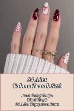 Badem Tırnak 24 Adet Takma Tırnak Seti Beyaz ve Bordo Fiyonklu Orta Uzunlukta W1812 - Görsel 8