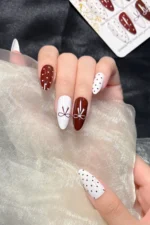 Badem Tırnak 24 Adet Takma Tırnak Seti Beyaz ve Bordo Fiyonklu Orta Uzunlukta W1812 - Görsel 9
