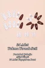 Badem Tırnak 24 Adet Takma Tırnak Seti Beyaz ve Bordo Fiyonklu Orta Uzunlukta W1812 - Görsel 12