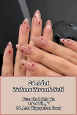 Badem Tırnak Kalp Desenli Orta Uzunlukta 24 Adet Takma Tırnak Seti W1839 - Görsel 5