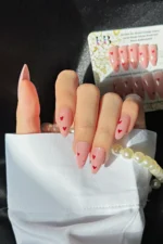 Badem Tırnak Kalp Desenli Orta Uzunlukta 24 Adet Takma Tırnak Seti W1839 - Görsel 6