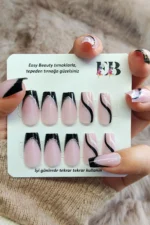 Kısa Siyah French Takma Tırnak Seti 24'lü Desenli Küt Takma Tırnak W298 - Görsel 8