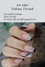 Kısa Siyah French Takma Tırnak Seti 24'lü Desenli Küt Takma Tırnak W298 - Görsel 6