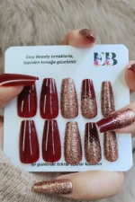 Uzun Kırmızı Takma Tırnak Seti 24'lü Desenli Takma Tırnak Coffin Simli W441 - Görsel 2