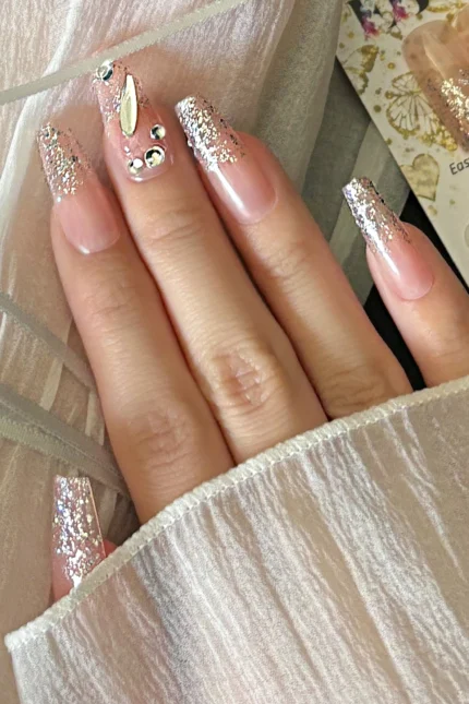 Naturel Küt Simli Uzun Takma Tırnak Taşlı 24 Adet Takma Tırnak Seti Z076