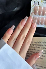 Naturel Küt Simli Uzun Takma Tırnak Taşlı 24 Adet Takma Tırnak Seti Z076 - Görsel 2