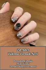 Kısa Takma Tırnak 24 Adet Siyah Takma Tırnak Seti Taşlı Z1008 - Görsel 5