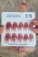 Desenli Takma Tırnak Seti Pembe Kalpli Balerin Takma Tırnak Z261 - Görsel 5