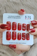 Kırmızı Takma Tırnak Seti Desenli 24'lü Orta Uzun Kare Z552 - Görsel 5