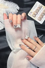 Kısa Takma Tırnak 24 Adet Kelebek Charm Taşlı Takma Tırnak Seti Z655 - Görsel 2