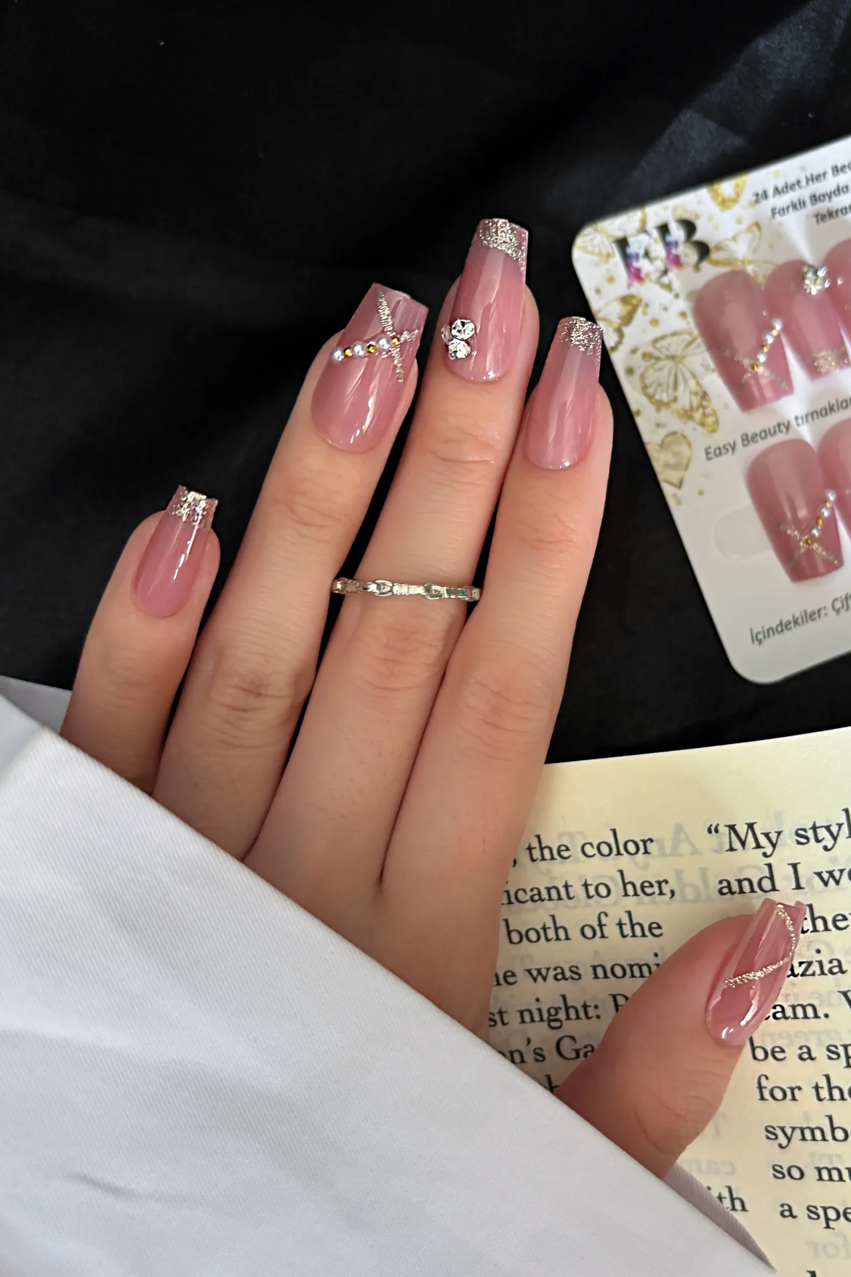 Z671-1_takma_tırnak_24adet_ 24 Adet Küt Takma Tırnak Seti Taşlı Uzun Takma Tırnak Z671 - Görsel 1