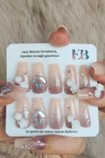 Desenli Takma Tırnak Seti. Takma Tırnak Aksesuarları Hediye. Küt Coffin Orta Uzun Takma Tırnak Z526 - Görsel 5