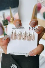 İnci Taneli Kedi Gözü French Protez Tırnak 10 Adet El Yapımı Takma Tırnak 3413 - Görsel 10