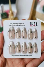 İnci Taneli Kedi Gözü French Protez Tırnak 10 Adet El Yapımı Takma Tırnak 3413 - Görsel 3