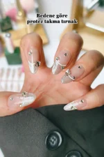 İnci Taneli Kedi Gözü French Protez Tırnak 10 Adet El Yapımı Takma Tırnak 3413 - Görsel 6