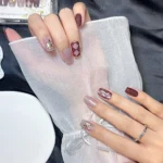 Kısa Kedi Gözü Tırnak Bordo Takma Tırnak Seti 10 Adet Yapıştırıcı Dahil T086