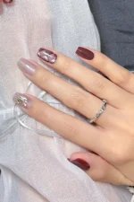 Kısa Kedi Gözü Tırnak Bordo Takma Tırnak Seti 10 Adet Yapıştırıcı Dahil T086 - Görsel 9