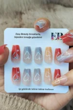 Kısa Takma Tırnak Seti 24'lü Renkli Kalpler Desenli. Küt Takma Tırnak R783 - Görsel 2