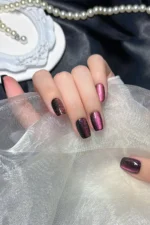 Koyu Bordo Kedi Gözü Kısa Küt 10 Adet Takma Tırnak Seti T109 - Görsel 2