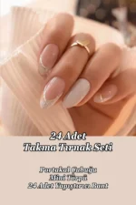 Nude Badem Tırnak Orta Uzunlukta 24 Adet French Takma Tırnak Seti W1490 - Görsel 6