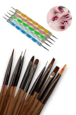 Profesyonel Yüksek Kalite 9'lu Tırnak Süsleme Fırçası ve 5'li Dot Kalem Seti. Nail Art Fırça Seti-Kahverengi - Görsel 3
