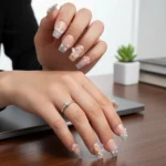 Simli French Protez Tırnak 10 Adet El Yapımı Takma Tırnak Seti 2403