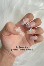 Simli French Protez Tırnak 10 Adet El Yapımı Takma Tırnak Seti 2403 - Görsel 4