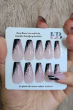 Siyah French Ve Simli Orta Uzun Takma Tırnak Seti 24'lü. Takma Tırnak Aksesuarları Hediye W1191 - Görsel 4