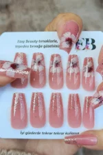 Uzun Takma Tırnak Seti 24'lü Desenli. Yapıştırıcı Ve Aksesuarlı. Coffin Simli Küt Takma Tırnak R758 - Görsel 4