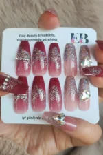 Uzun Takma Tırnak Seti 24'lü Simli Inci Işlemeli Kırmızı Takma Tırnak Aksesuarları Hediye Z460 - Görsel 5