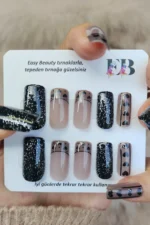 Yeni Model Desenli Küt Siyah Takma Tırnak Seti24'lü. Kutulu ve Yapıştırıcı Kare W1286 - Görsel 5